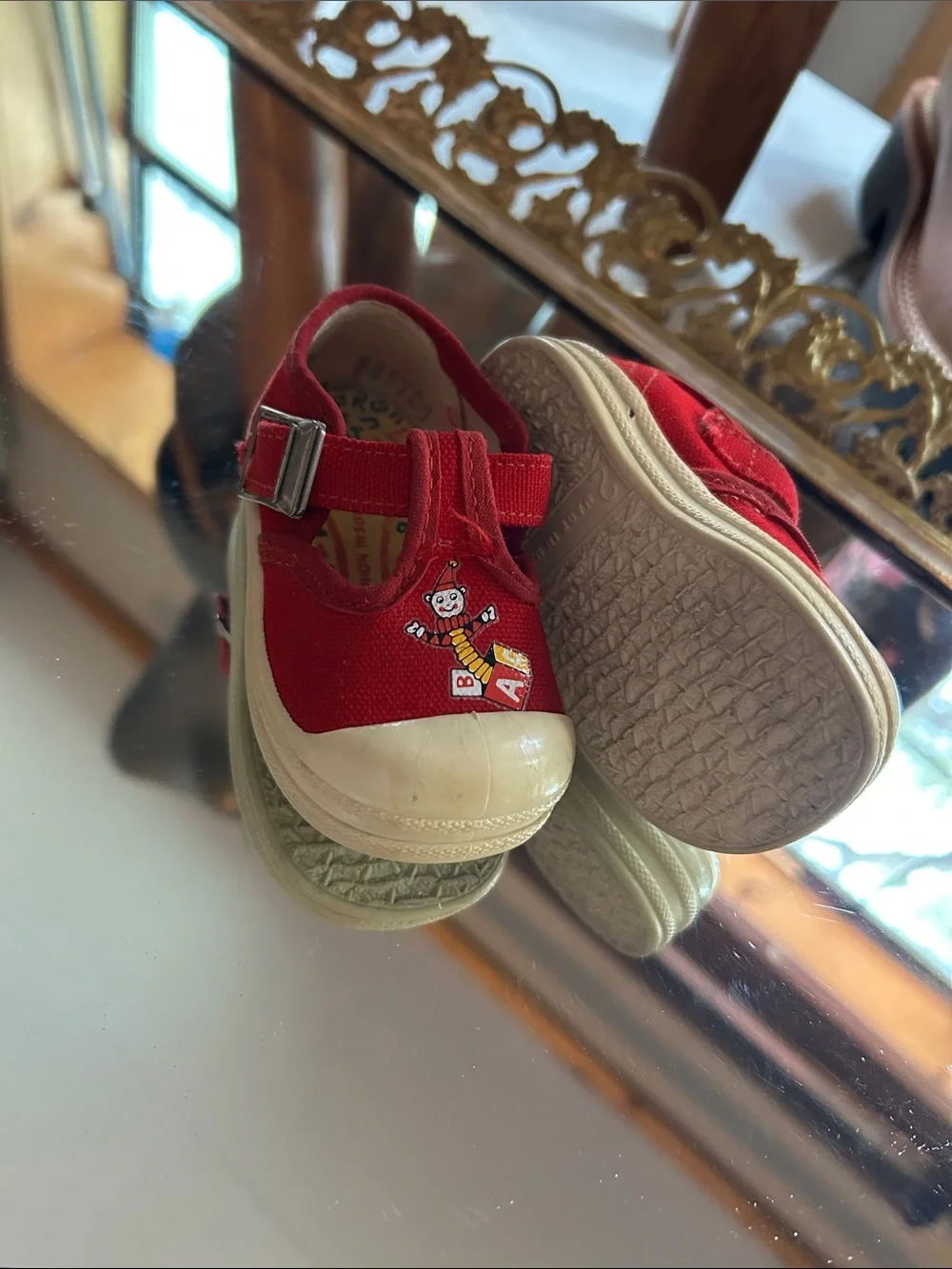 Vintage Red T‑Strap Canvas Baby Shoes with Cartoon Block Motif